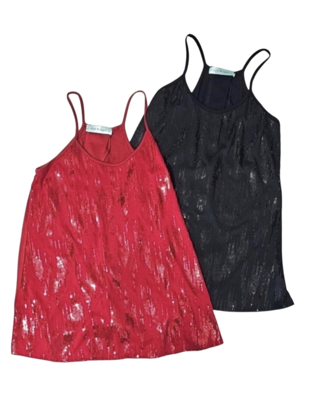 Set of 2 Chris & Carol Sequin Spaghetti Straps Cami Top Balck/ Red Sz Small